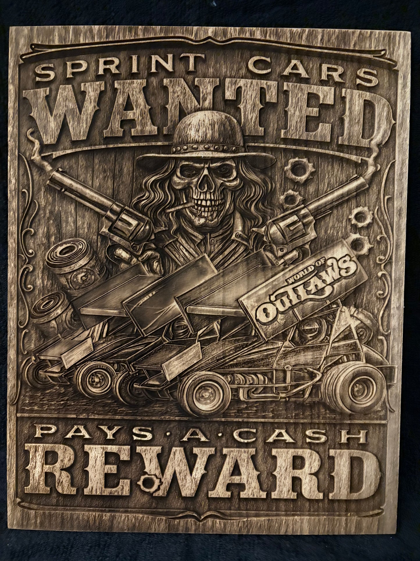 World Of Outlaws Sprint Car Wanted Logo Wood Magnet - Optional Diecast Display