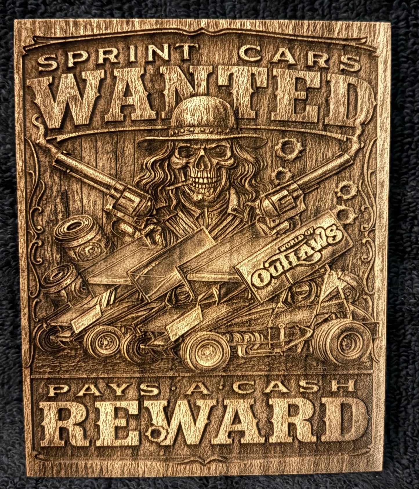 World Of Outlaws Sprint Car Wanted Logo Wood Magnet - Optional Diecast Display