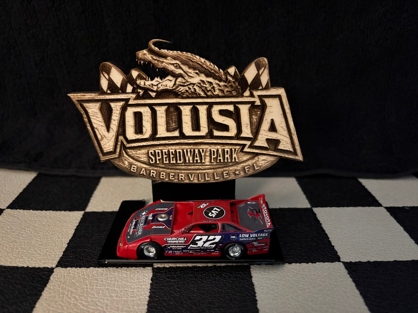 World of Outlaws Laser Engraved Wood Volusia Speedway Die Cut Magnet - optional diecast shelf
