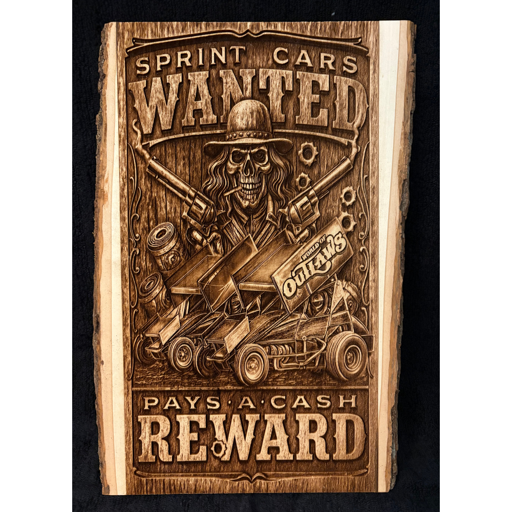 World Of Outlaws Sprint Car Wanted Live Edge Wood Collectible Sign