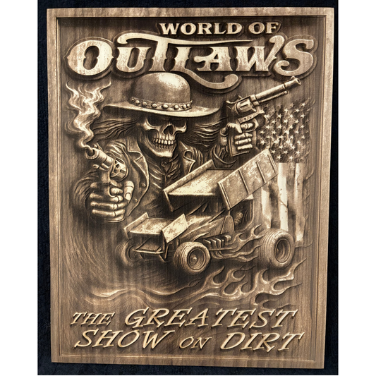 World Of Outlaws Flag Logo Wood Magnet - Optional Diecast Display