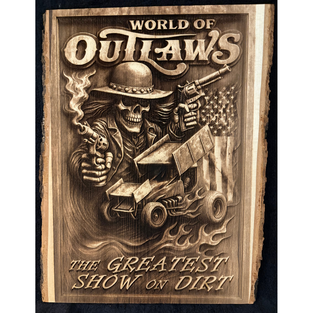 World Of Outlaws Flag Logo Collectible Live Edge Wood Sign
