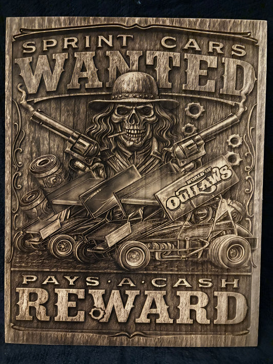World Of Outlaws Sprint Car Wanted Logo Wood Collectible Sign