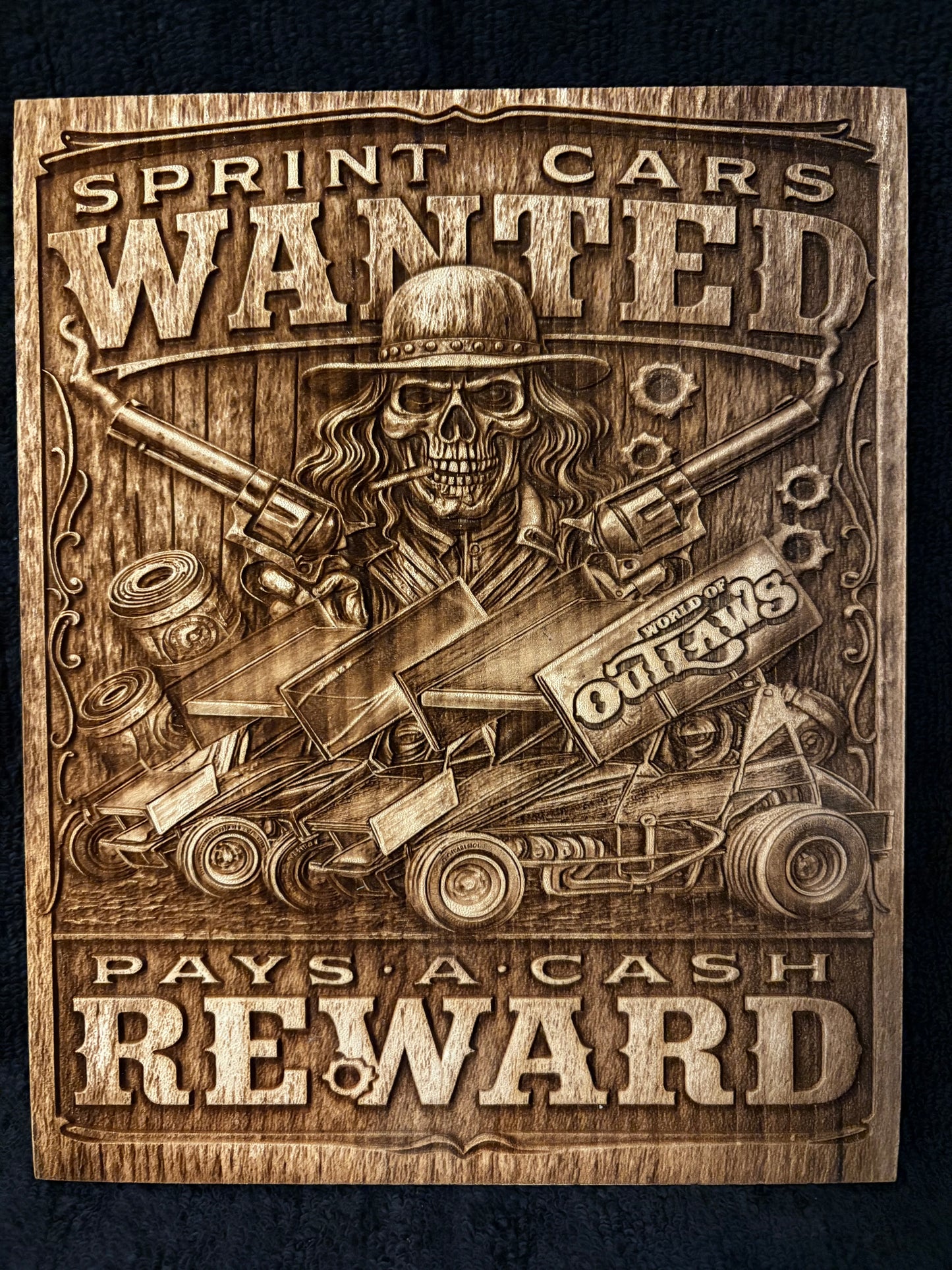 World Of Outlaws Sprint Car Wanted Logo Wood Magnet - Optional Diecast Display