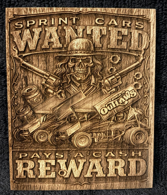 World Of Outlaws Sprint Car Wanted Logo Wood Magnet - Optional Diecast Display