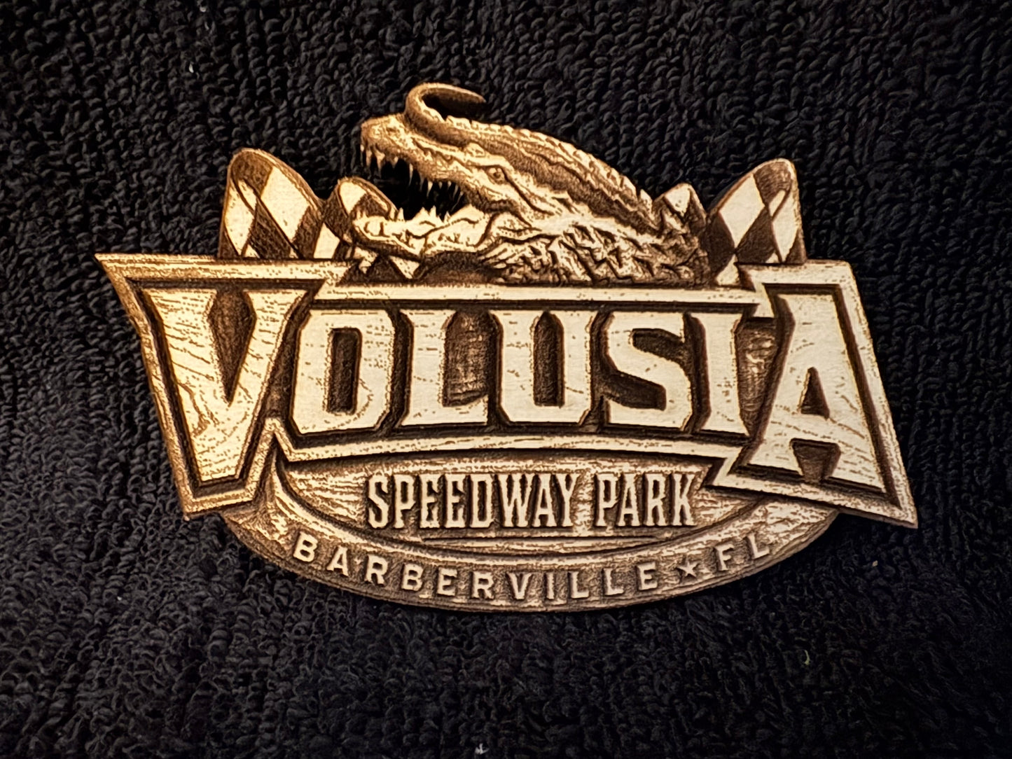 World of Outlaws Laser Engraved Wood Volusia Speedway Die Cut Magnet - optional diecast shelf