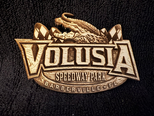 World of Outlaws Laser Engraved Wood Volusia Speedway Die Cut Magnet - optional diecast shelf