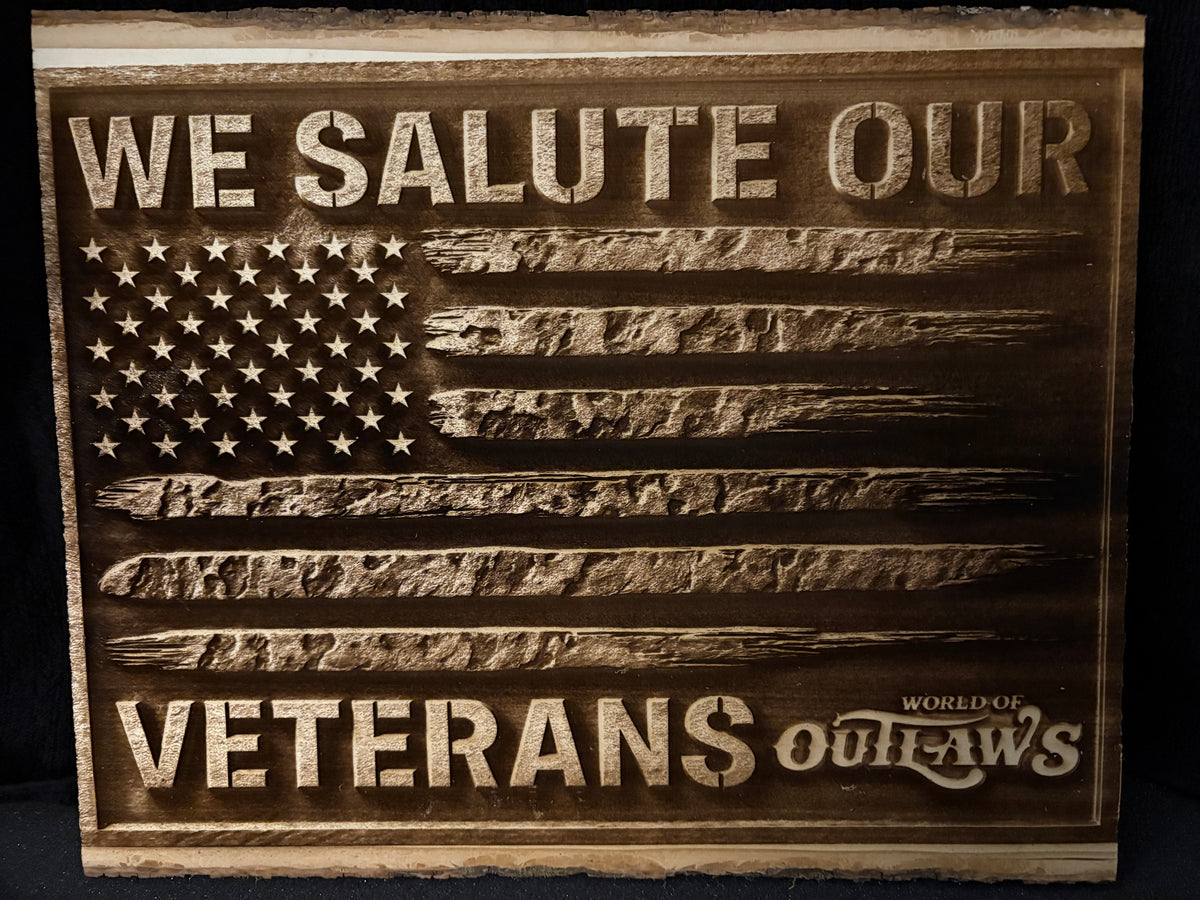 Outlaws Sign World of Outlaws We Salute Our Veterans Flag Laser Engraved Wood Sign ...