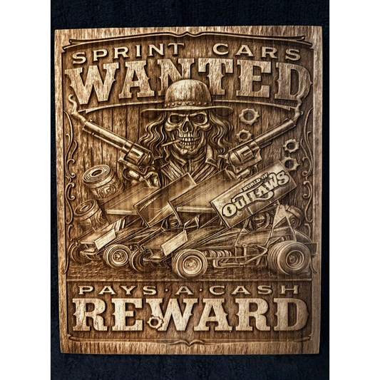 World Of Outlaws Sprint Car Wanted Logo Wood Collectible Sign