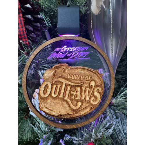 World Of Outlaws Late Model Logo Wood Light Up Holiday LED Light Up And Rechargeable Ornament