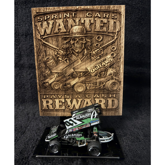 World Of Outlaws Sprint Car Wanted Logo Wood Magnet - Optional Diecast Display