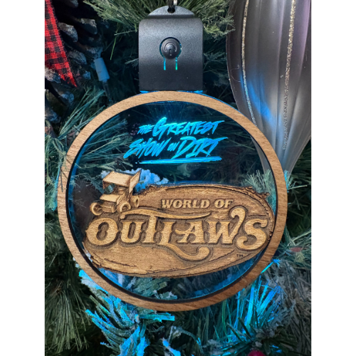 World Of Outlaws Sprint Car Logo Wood Light Up Holiday LED Light Up And Rechargeable Ornament