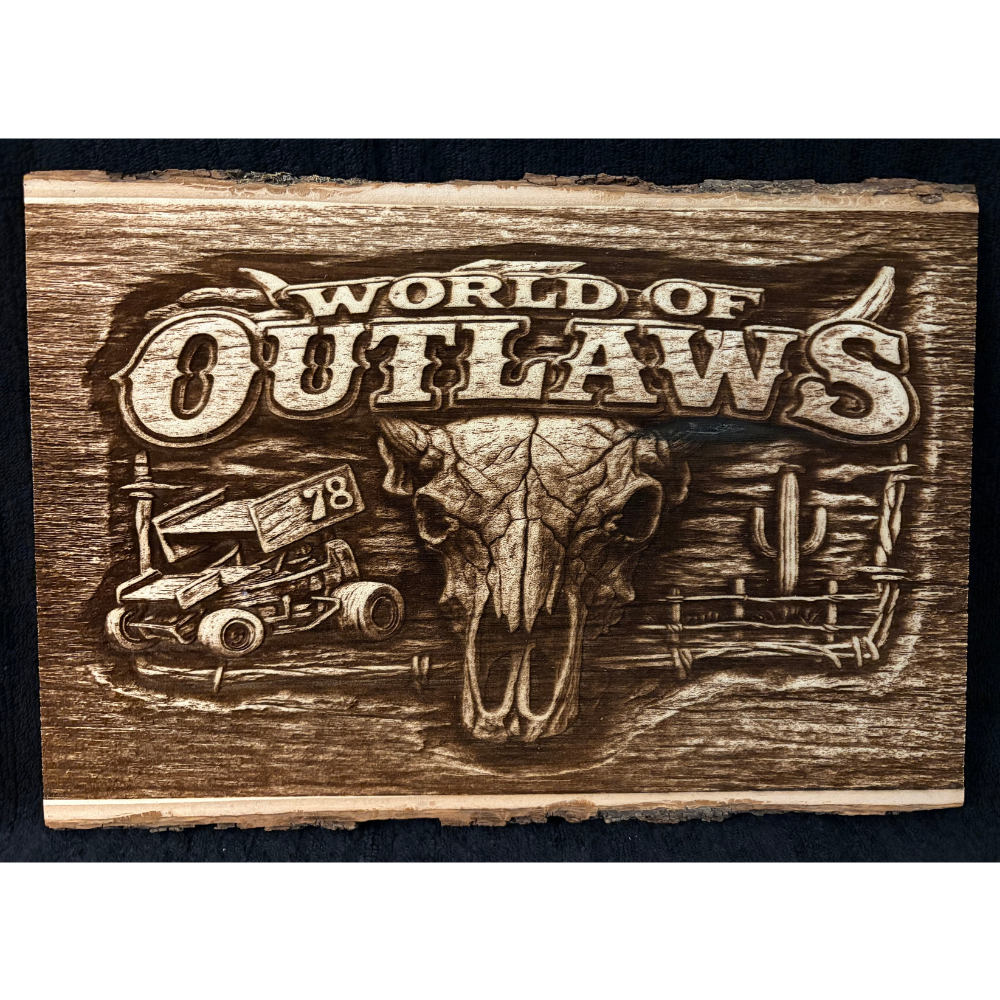 World Of Outlaws Skull Logo Collectible Live Edge Wood Sign