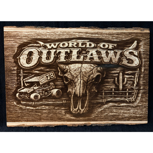 World Of Outlaws Skull Logo Collectible Live Edge Wood Sign