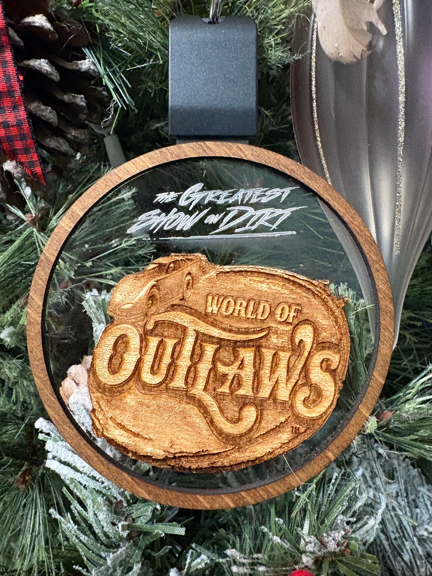 World Of Outlaws Late Model Logo Wood Light Up Holiday LED Light Up And Rechargeable Ornament